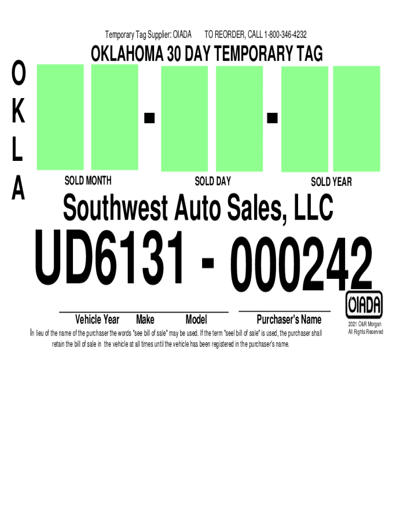 10-Day Temporary Tag Nc Form intended for Printable Blank Oklahoma Temporary Tag Template