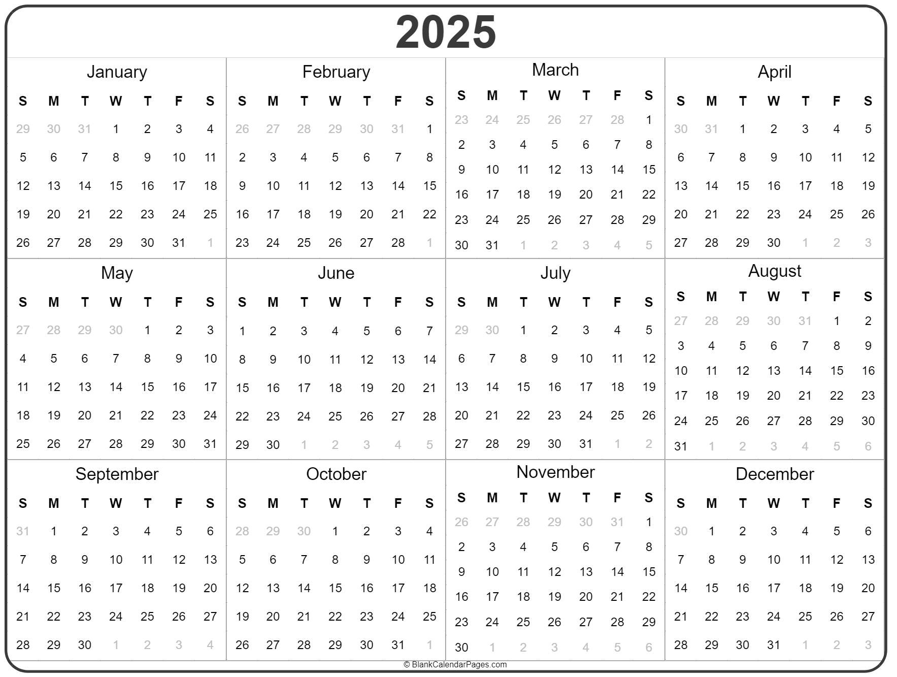 2025 Year Calendar | Yearly Printable for 2025 Calendar Template Printable