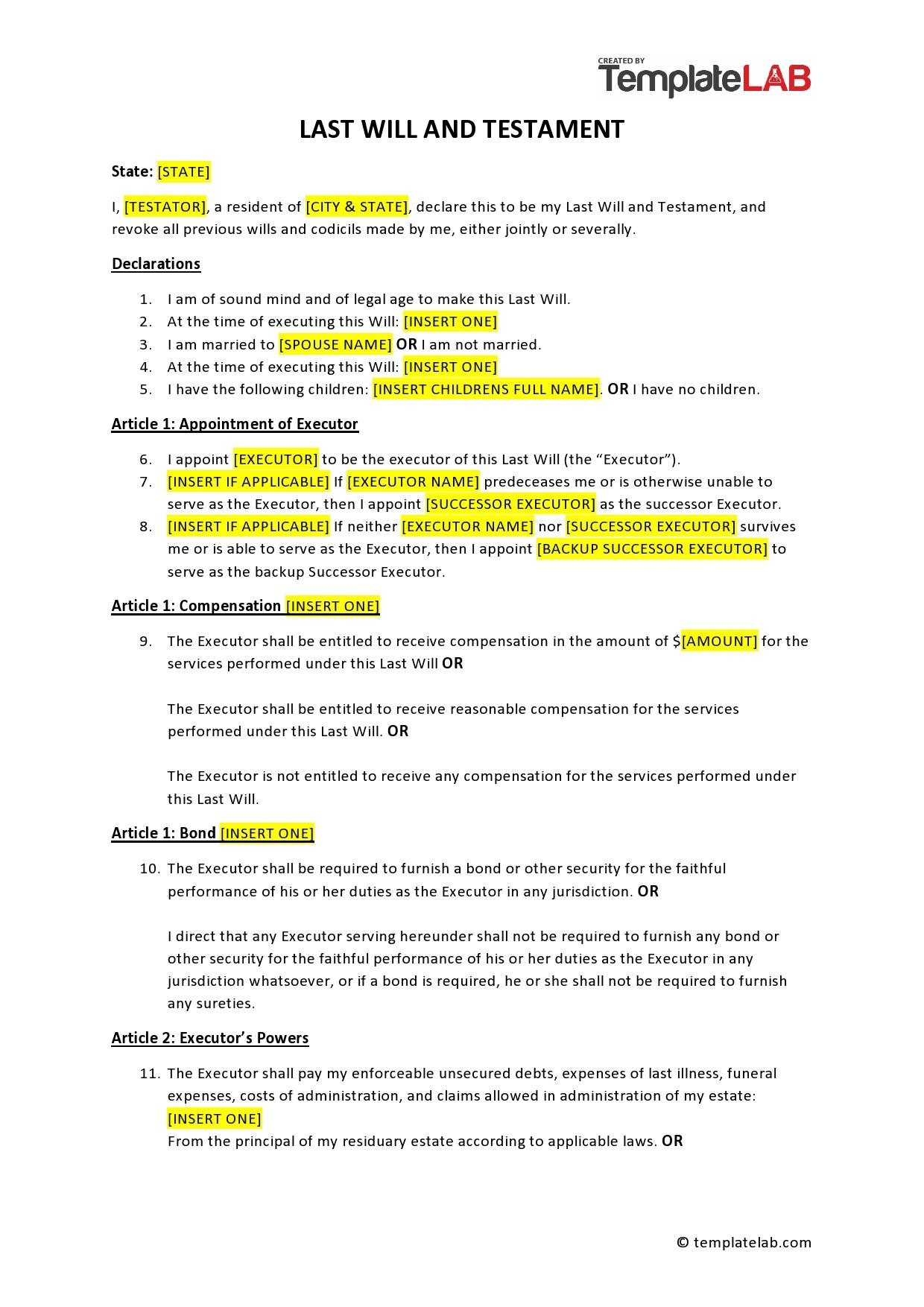 39 Last Will And Testament Forms &amp;amp; Templates ᐅ Templatelab regarding Printable Template for a Will