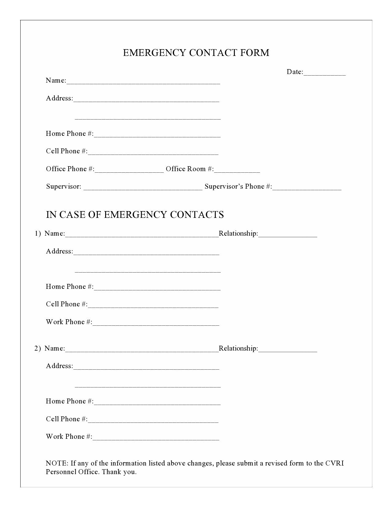 42 Printable Emergency Contact Forms (100% Free) pertaining to Downloadable Printable Employee Emergency Contact Form Template