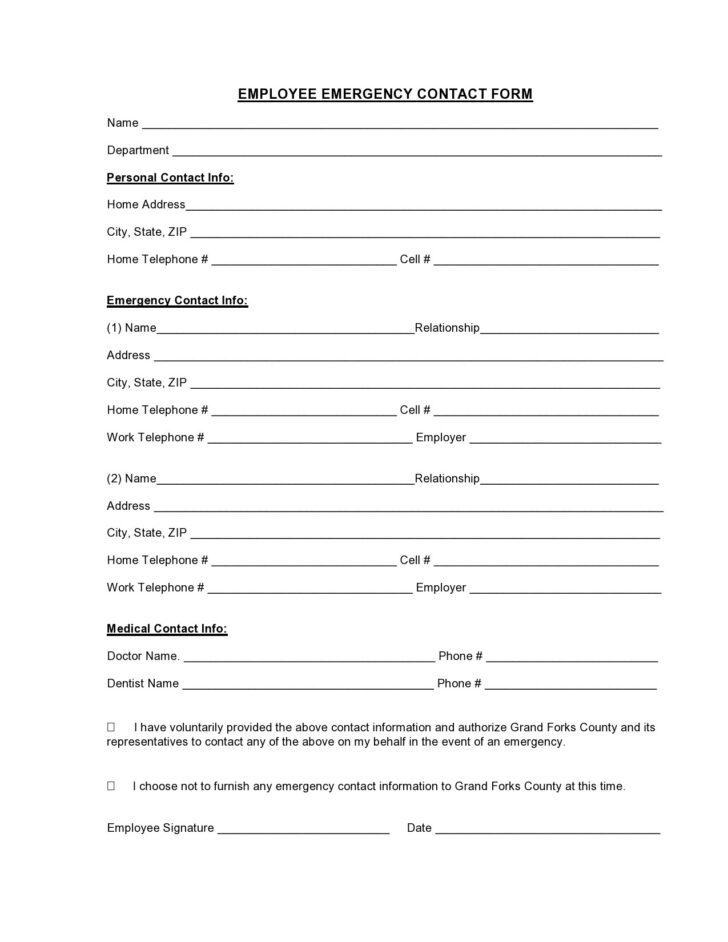 Downloadable Printable Employee Emergency Contact Form Template