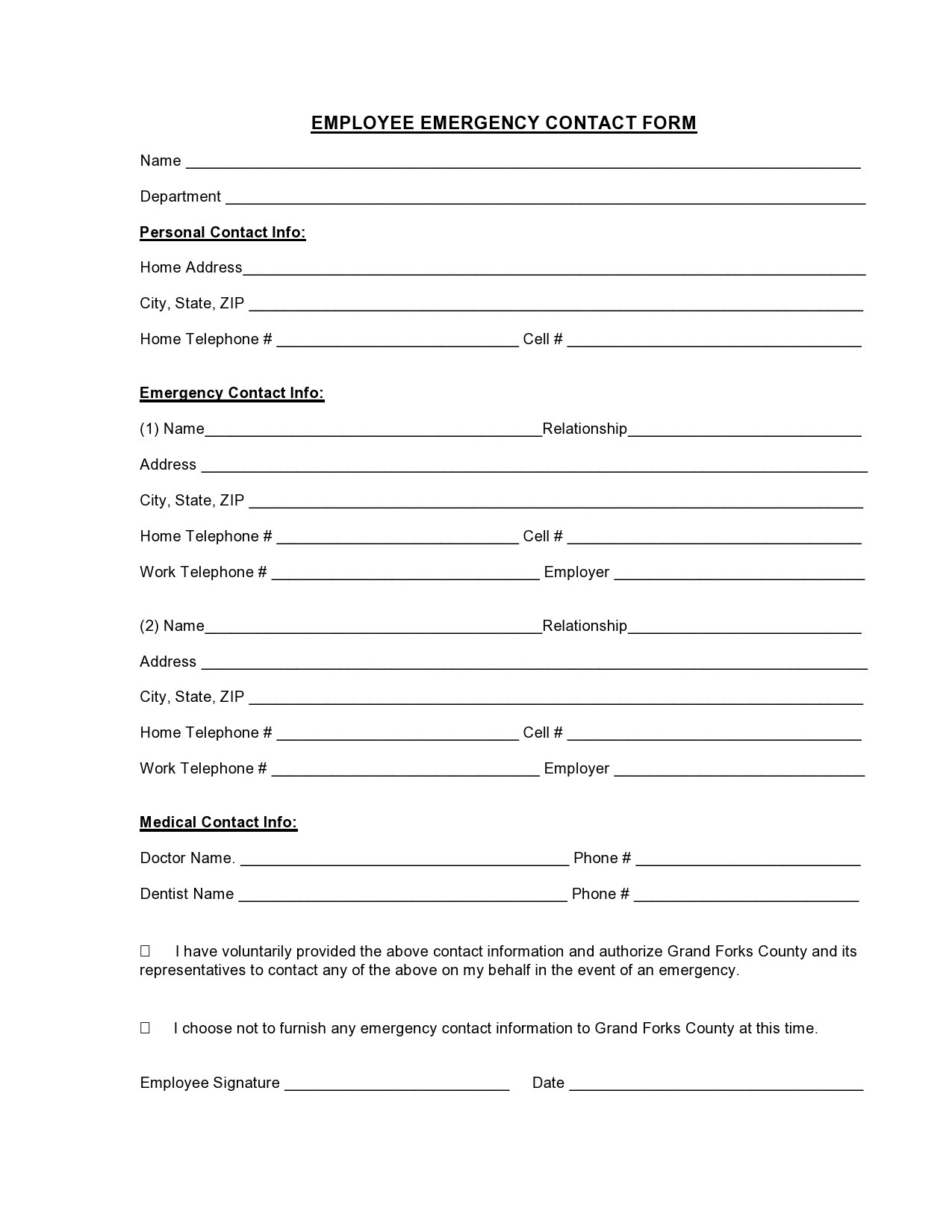 42 Printable Emergency Contact Forms (100% Free) throughout Downloadable Printable Employee Emergency Contact Form Template