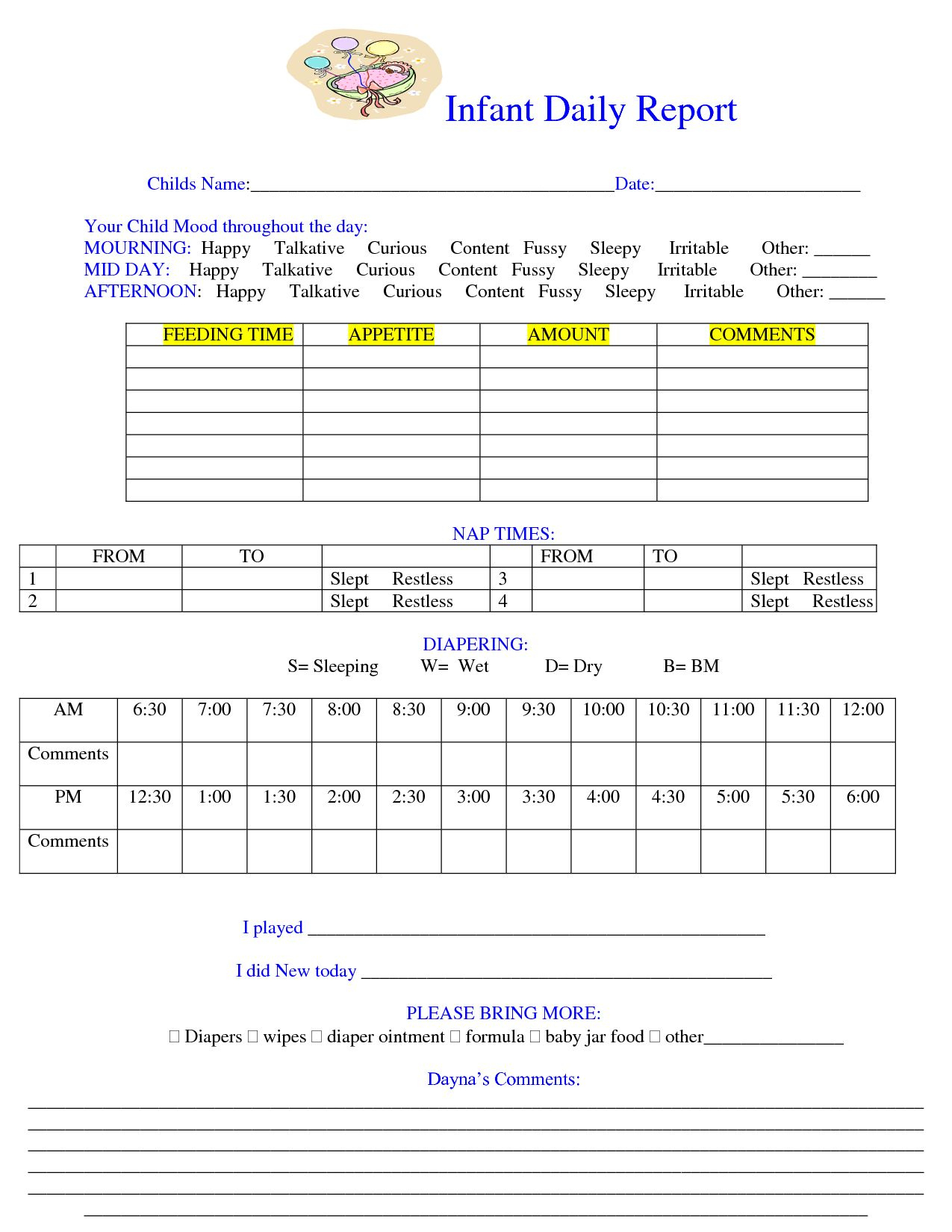 Baby Daily Sheet | Infant Daily Report – Download As Doc For regarding Free Printable Infant Daily Report Template