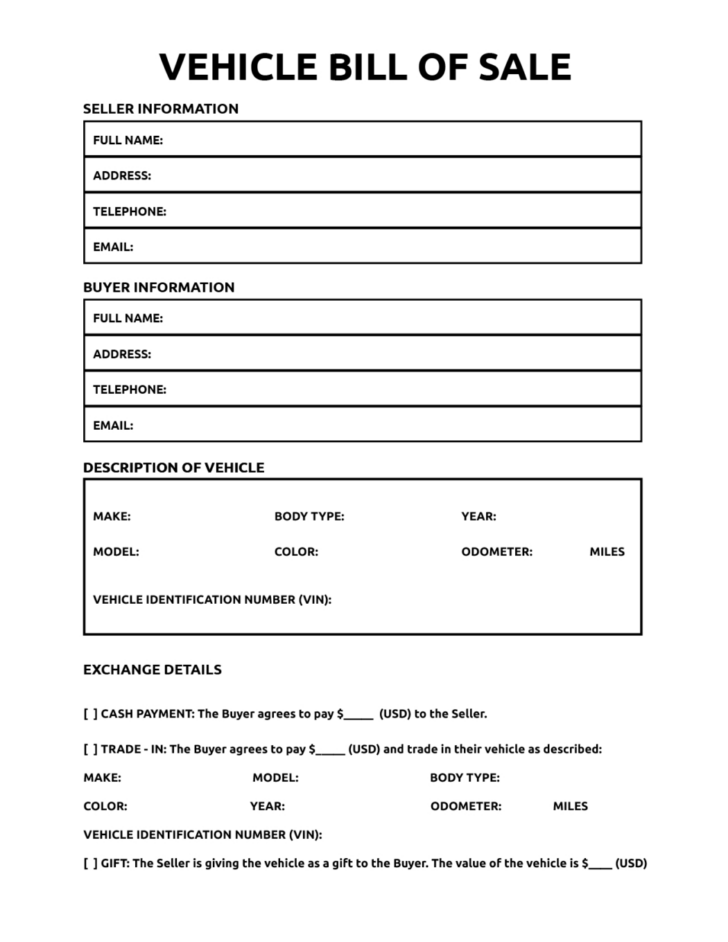 Printable Car Bill of Sale Template