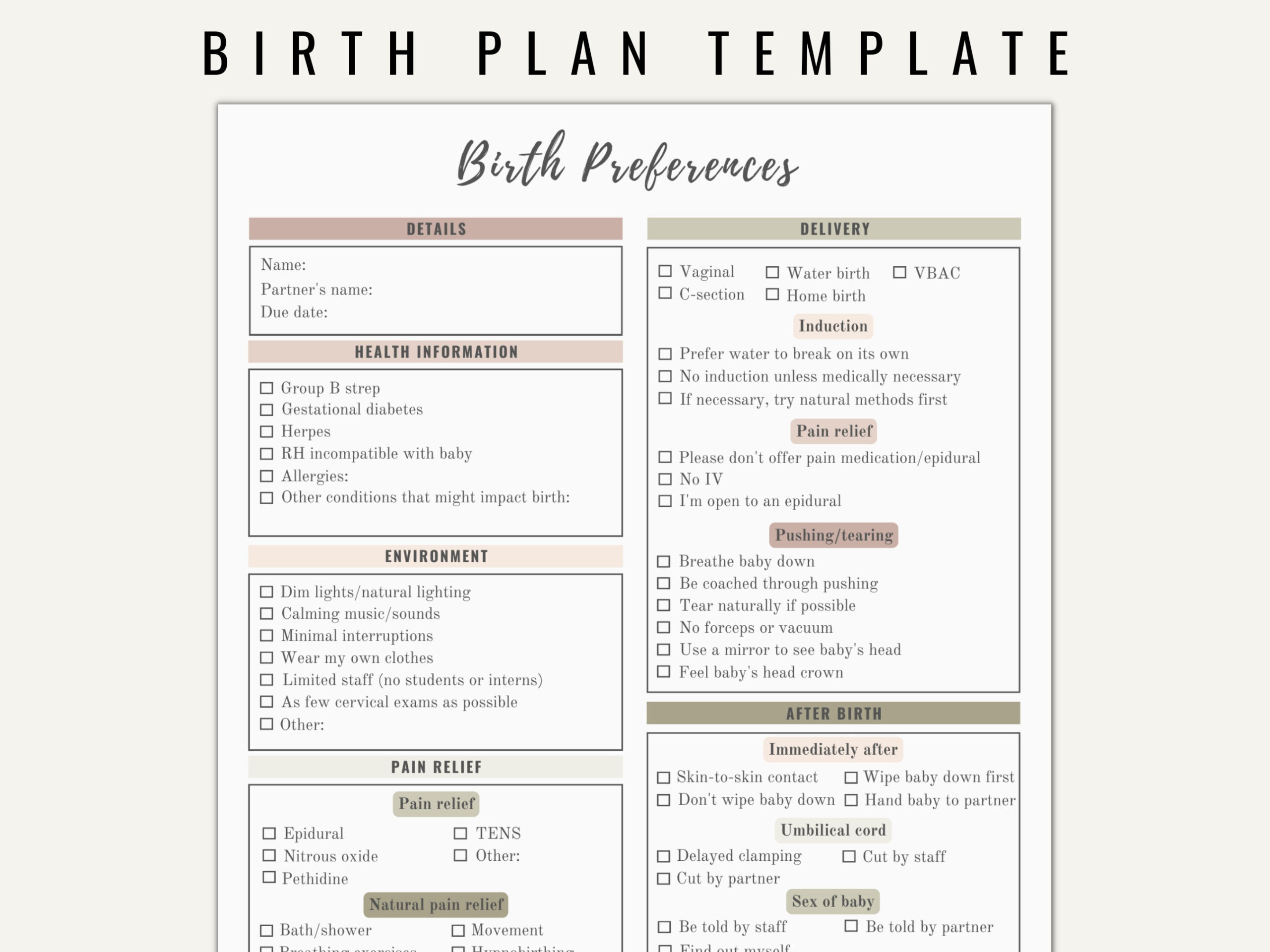 Birth Plan Template Printable Editable Neutral Colors - Etsy Uk intended for Birth Plan Template Printable