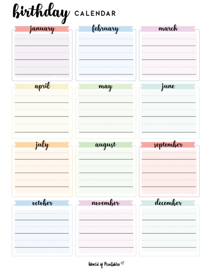 Printable Birthday Calendar Template