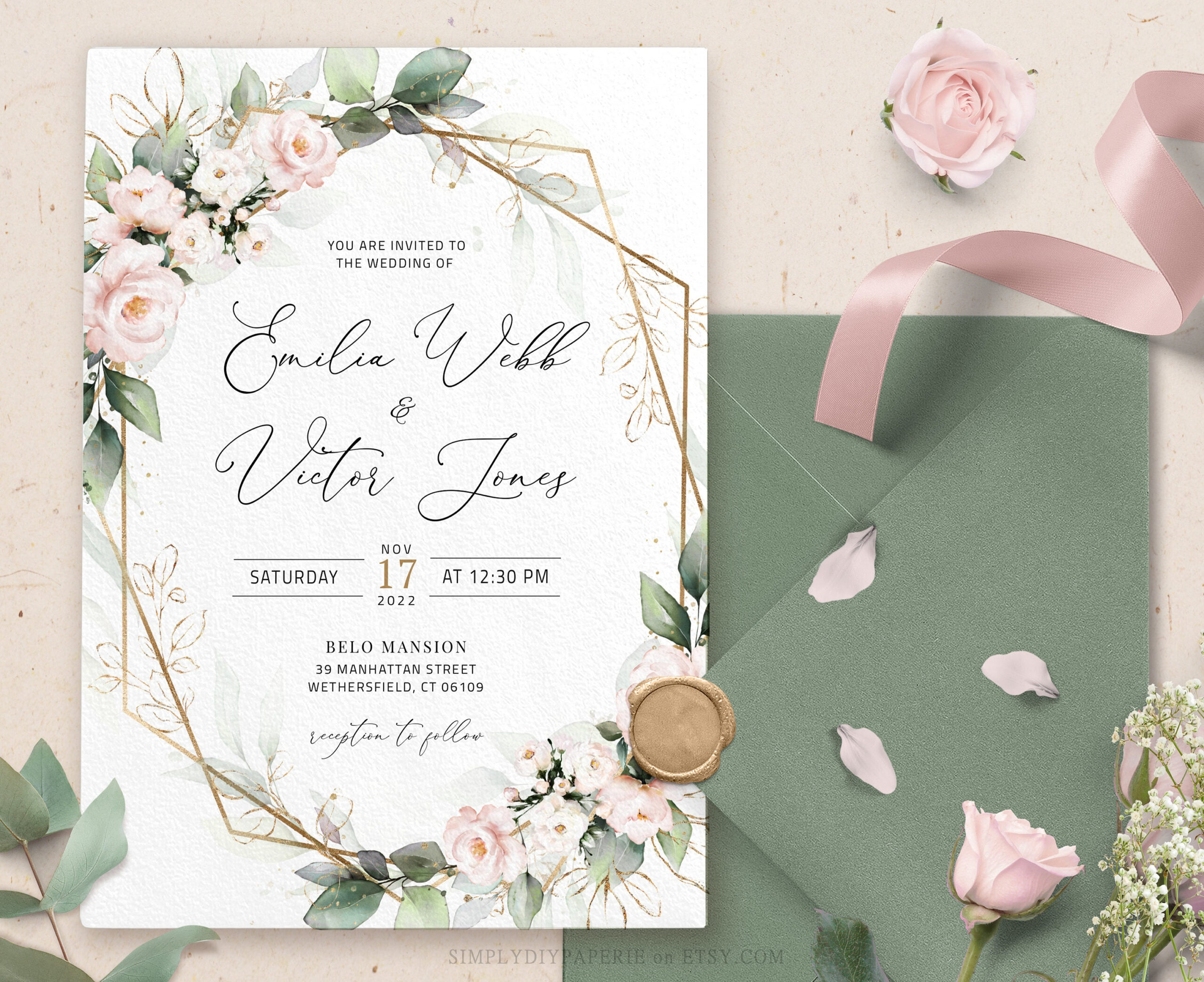 Blush Floral Wedding Invitation Template, Blush Wedding Invite intended for Printable Wedding Invitation Templates