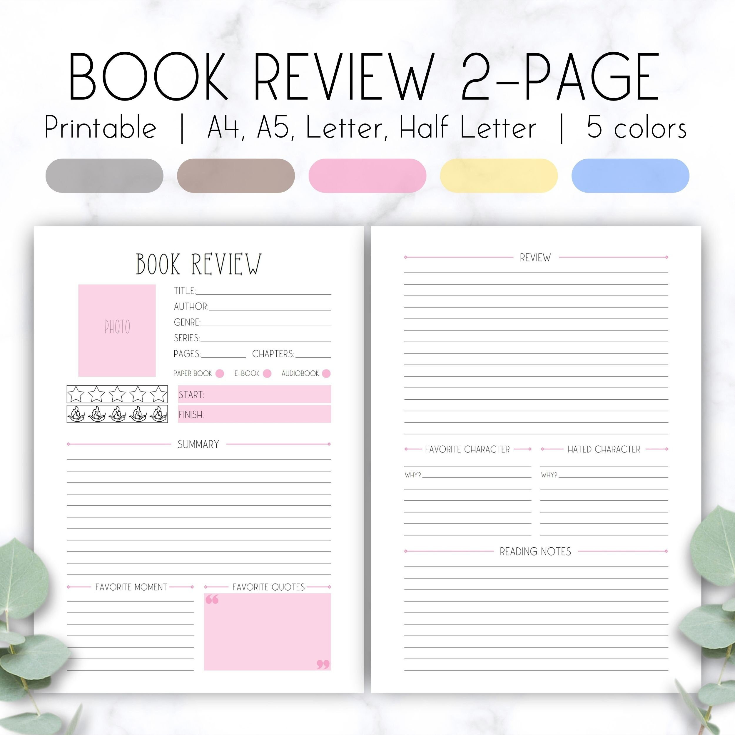 Book Review Template, Reading Tracker, Printable Reading Journal with regard to Printable Book Review Template