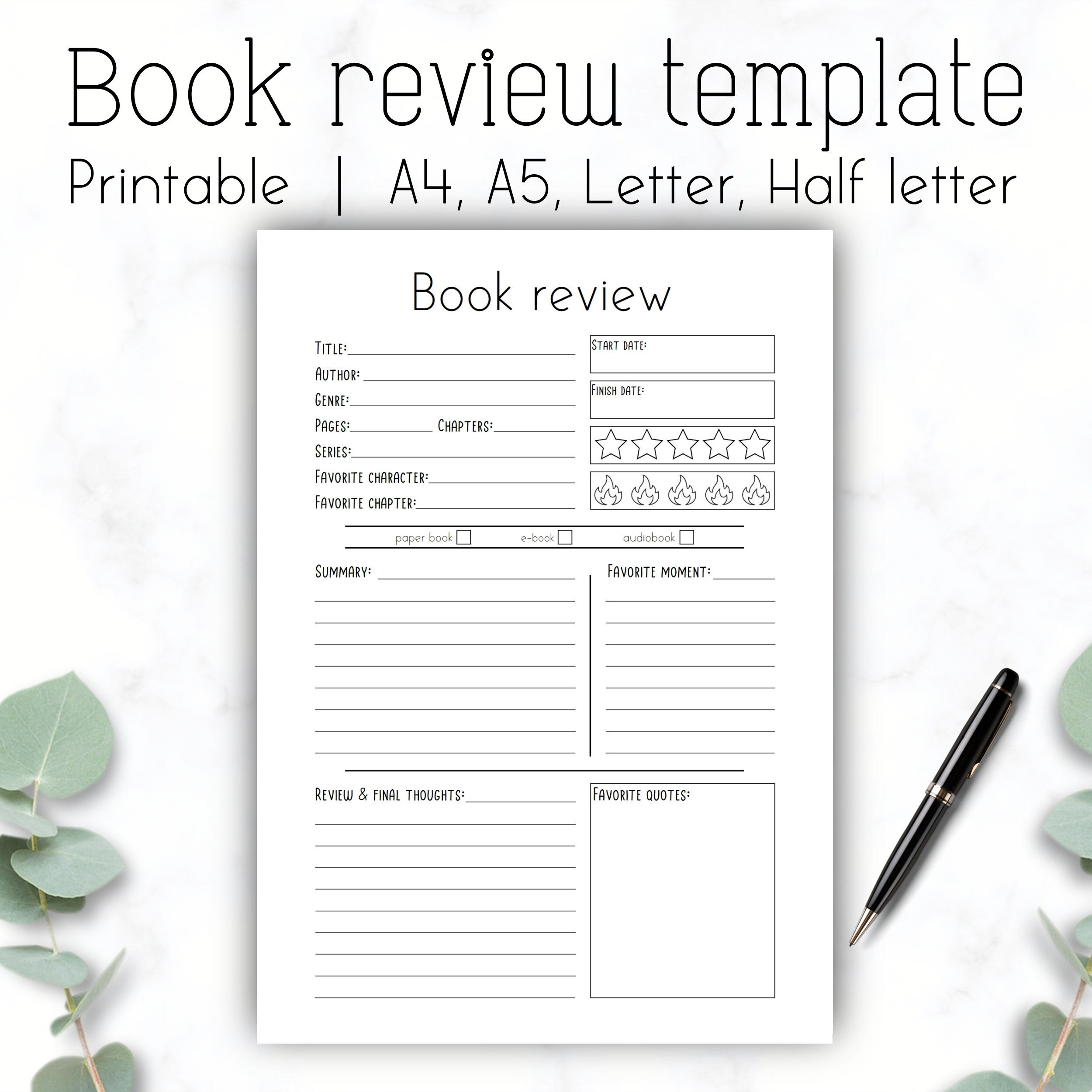 Book Review Template, Simple Book Review Printable, A4 A5 Letter intended for Printable Book Review Template