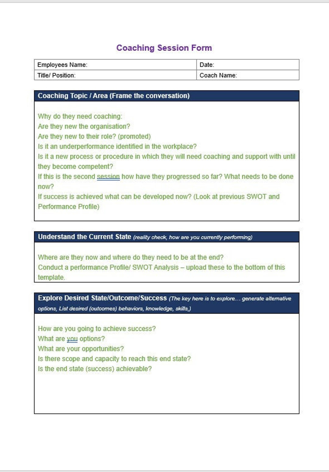 Coaching Session Form Template, Coaching Plan With Prompts, Editable Word. Coaching. Customizable. - Etsy with Printable Coaching Form Template