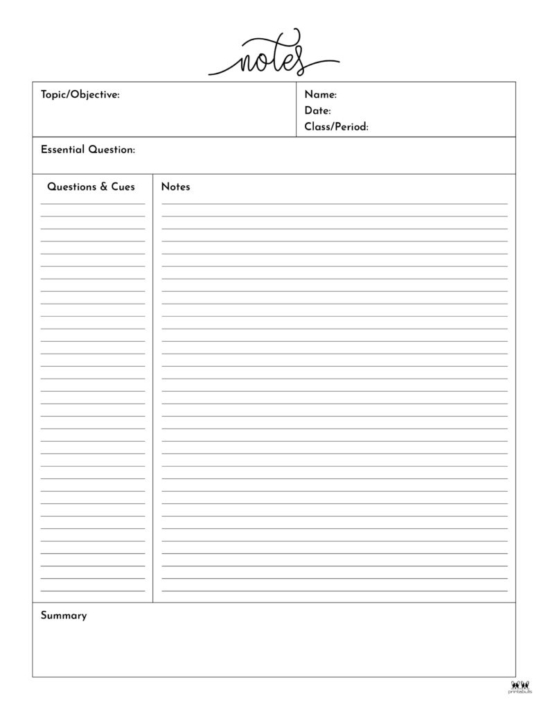 Cornell Notes Templates - 15 Free Printables | Printabulls with Note Taking Printable Templates