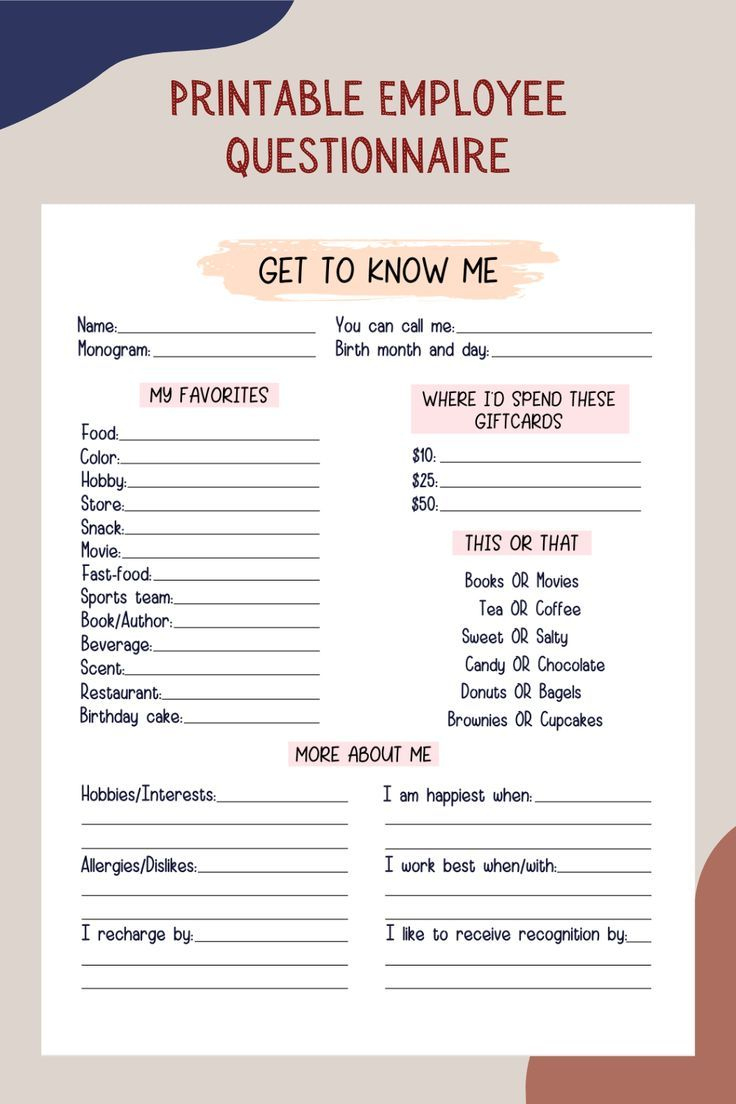 Coworker Questions Printable, All About Me Employee Questionnaire regarding Coworkers Printable Getting To Know Your Employees Questionnaire Template