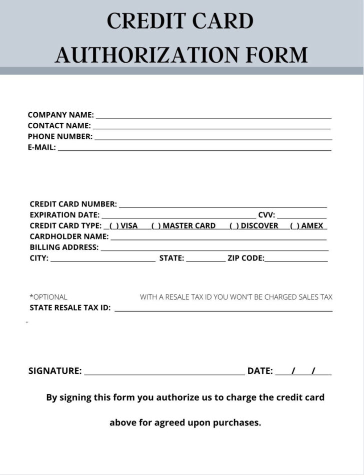 Printable Downloadable Credit Card Authorization Form Template