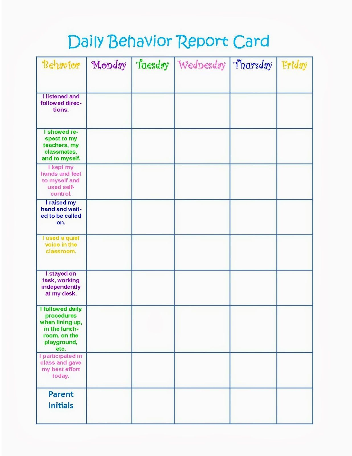 Daily Behavior Report Template for Free Printable Daily Behavior Chart Template