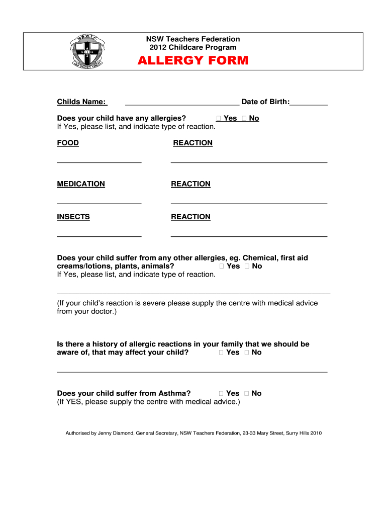 Daycare Allergy Form - Fill Online, Printable, Fillable, Blank with regard to Printable Allergy Form Template