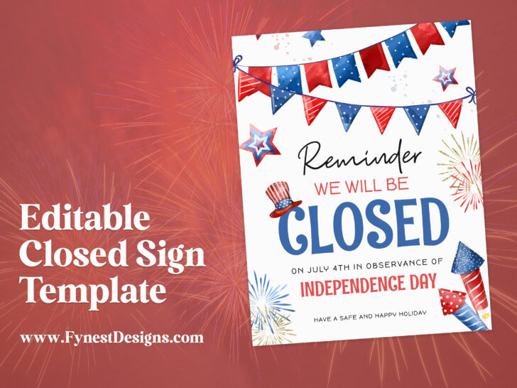 Printable Closed for 4th of July Sign Template