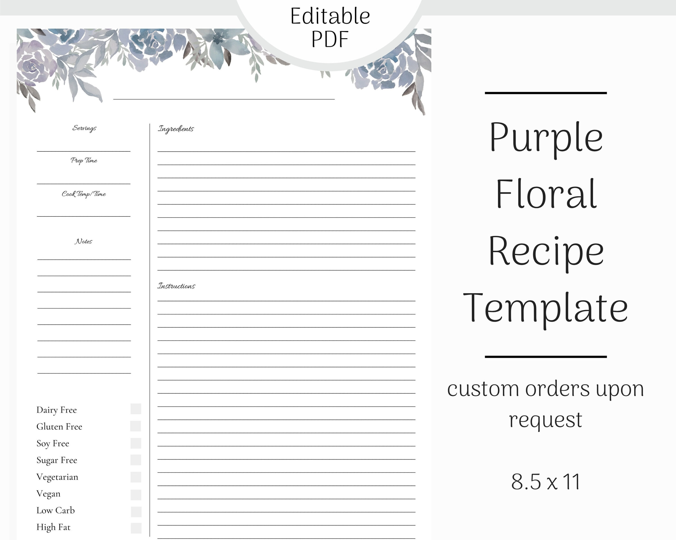 Editable Recipe Page, Floral Printable Recipe Card, Blank Recipe intended for Free Printable Recipe Templates