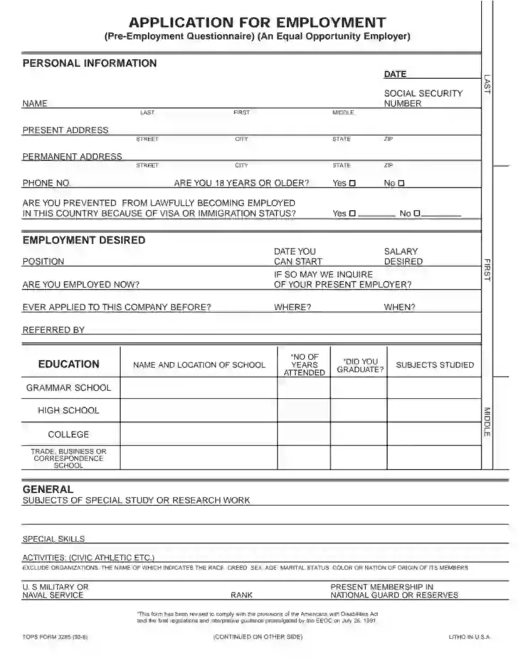 Printable Employment Application Template