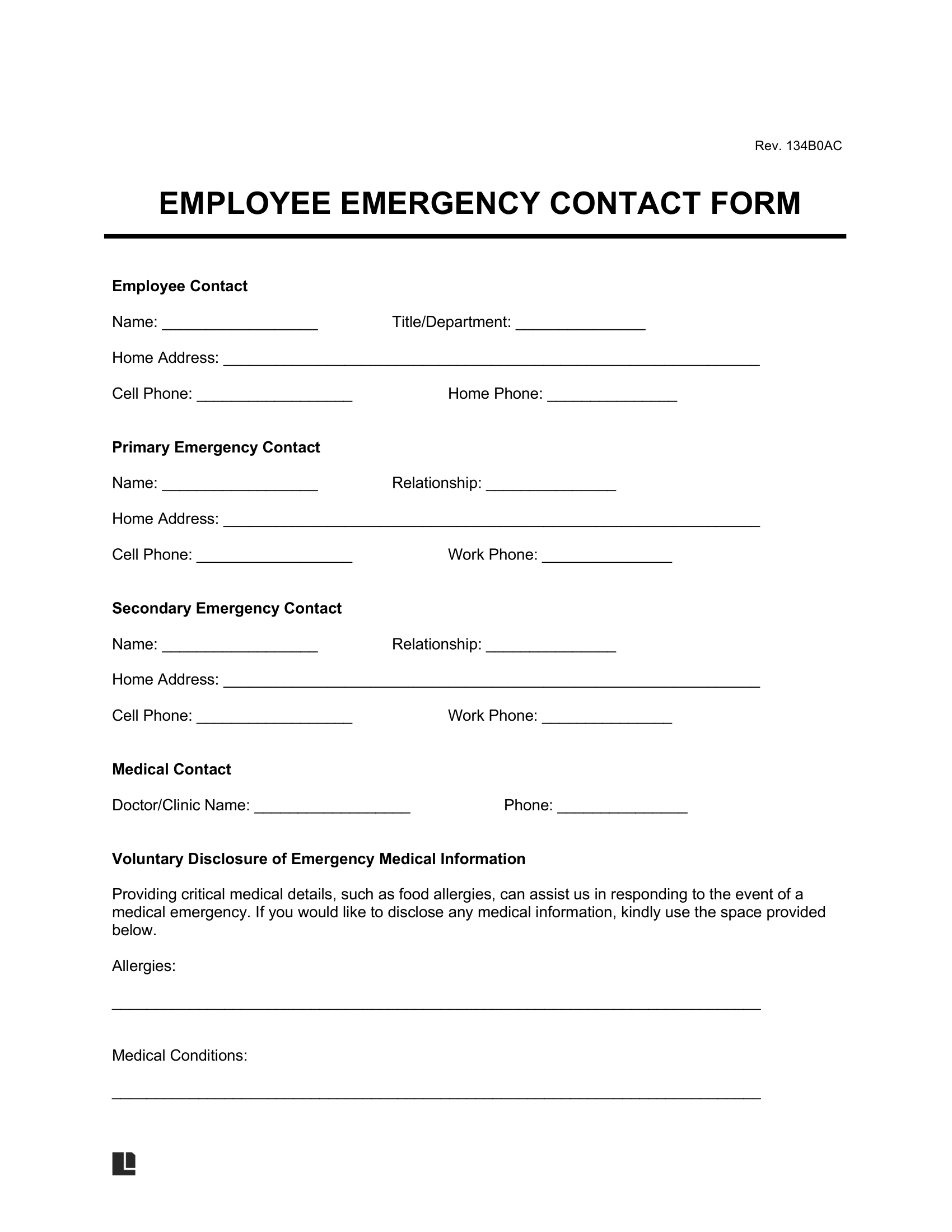 Free Employee Emergency Contact Form | Pdf &amp;amp; Word throughout Downloadable Printable Employee Emergency Contact Form Template