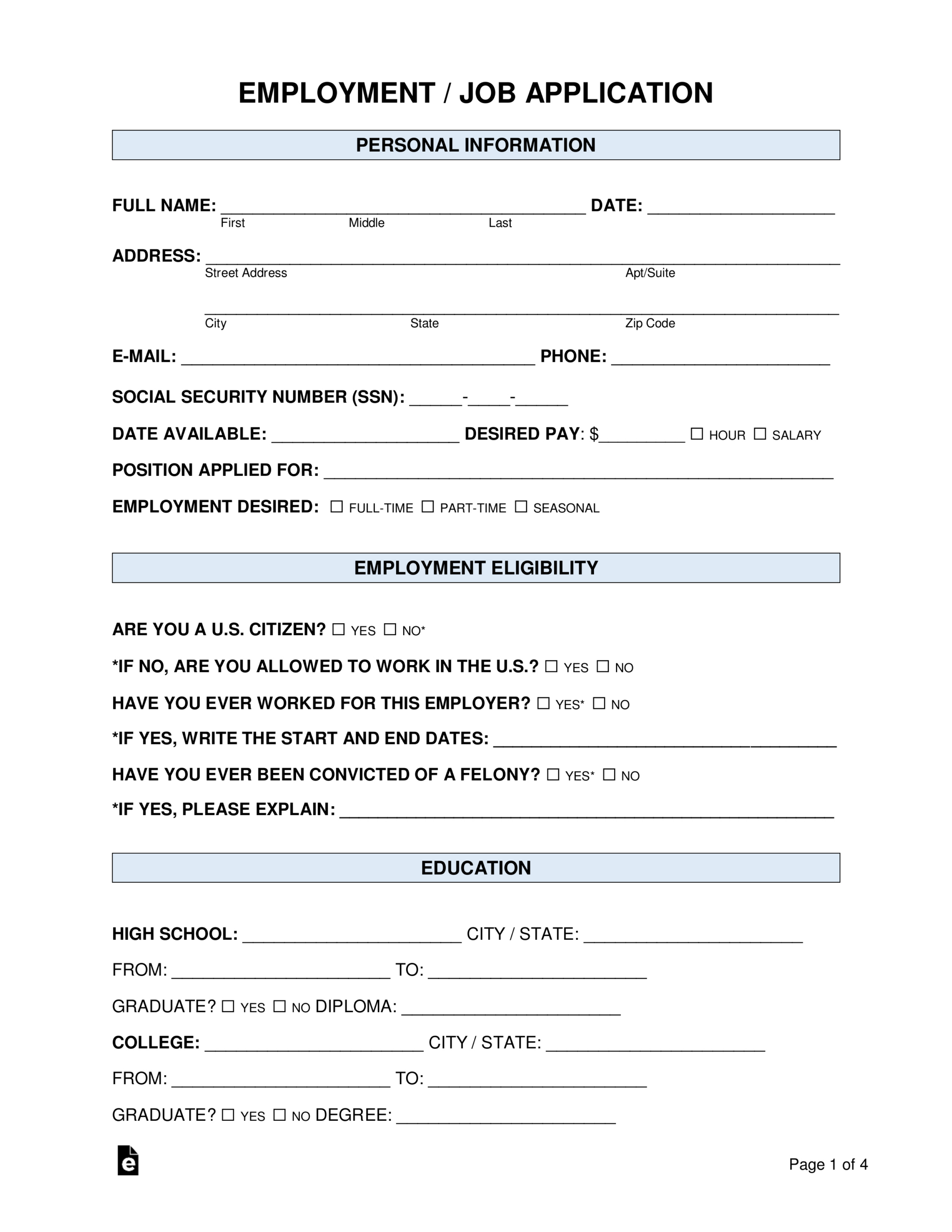 Free Job Application Form (Standard Template) - Pdf intended for Printable Employment Application Template