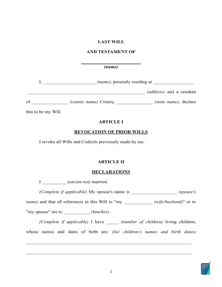 Printable Template for a Will