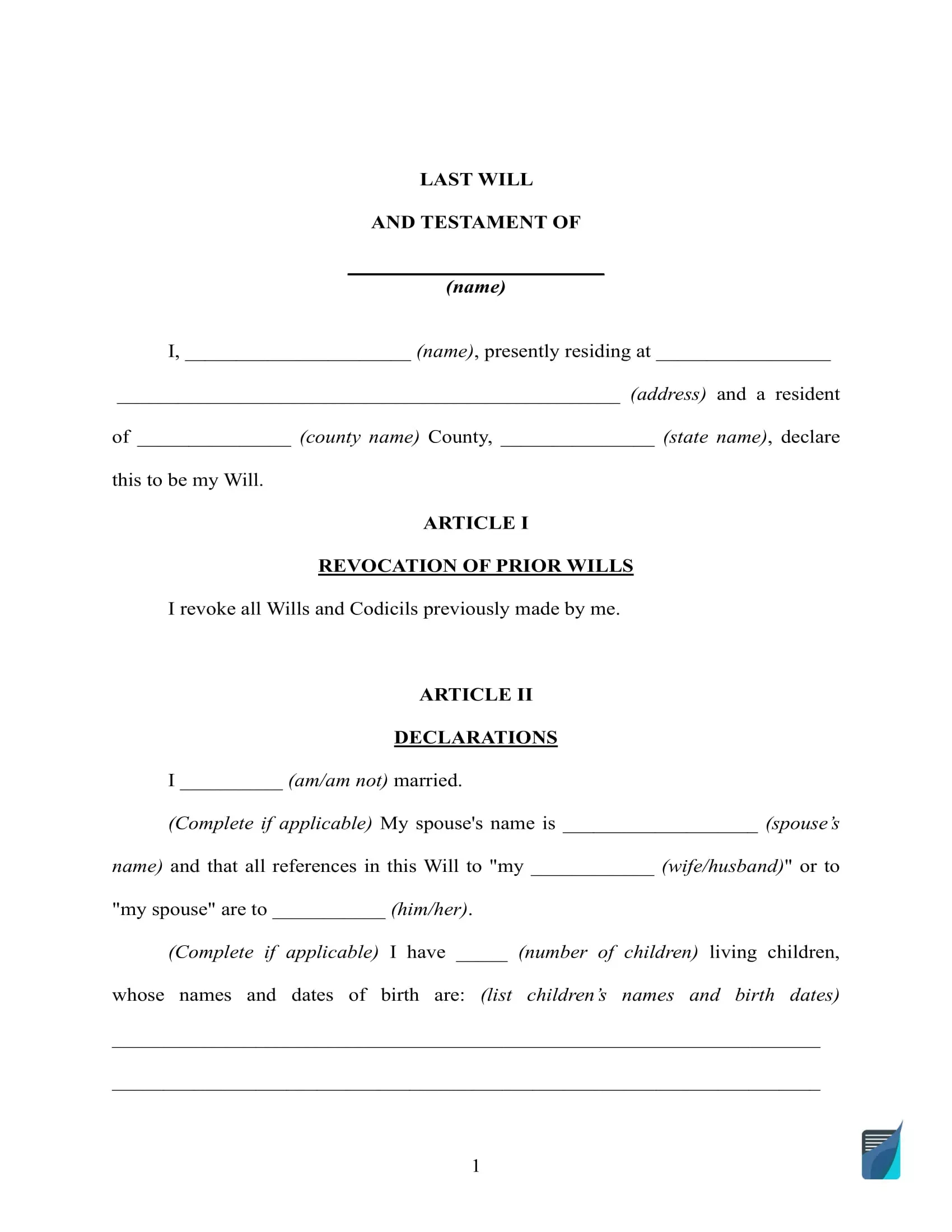 Free Last Will And Testament Template ⇒ Will Forms In Pdf And Doc inside Printable Template for a Will