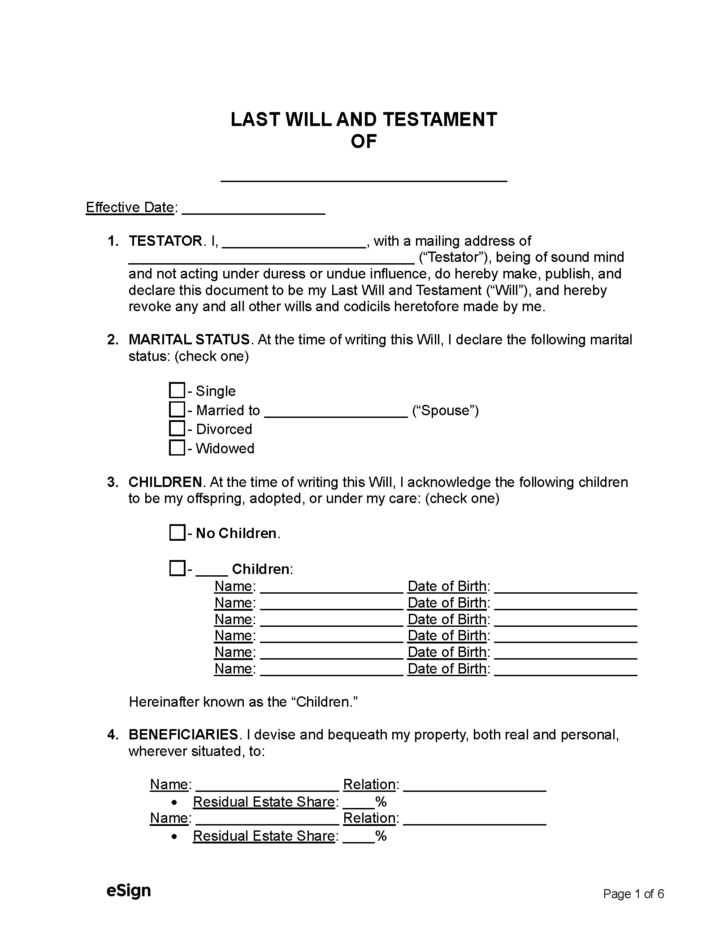 Printable Last Will and Testament Template