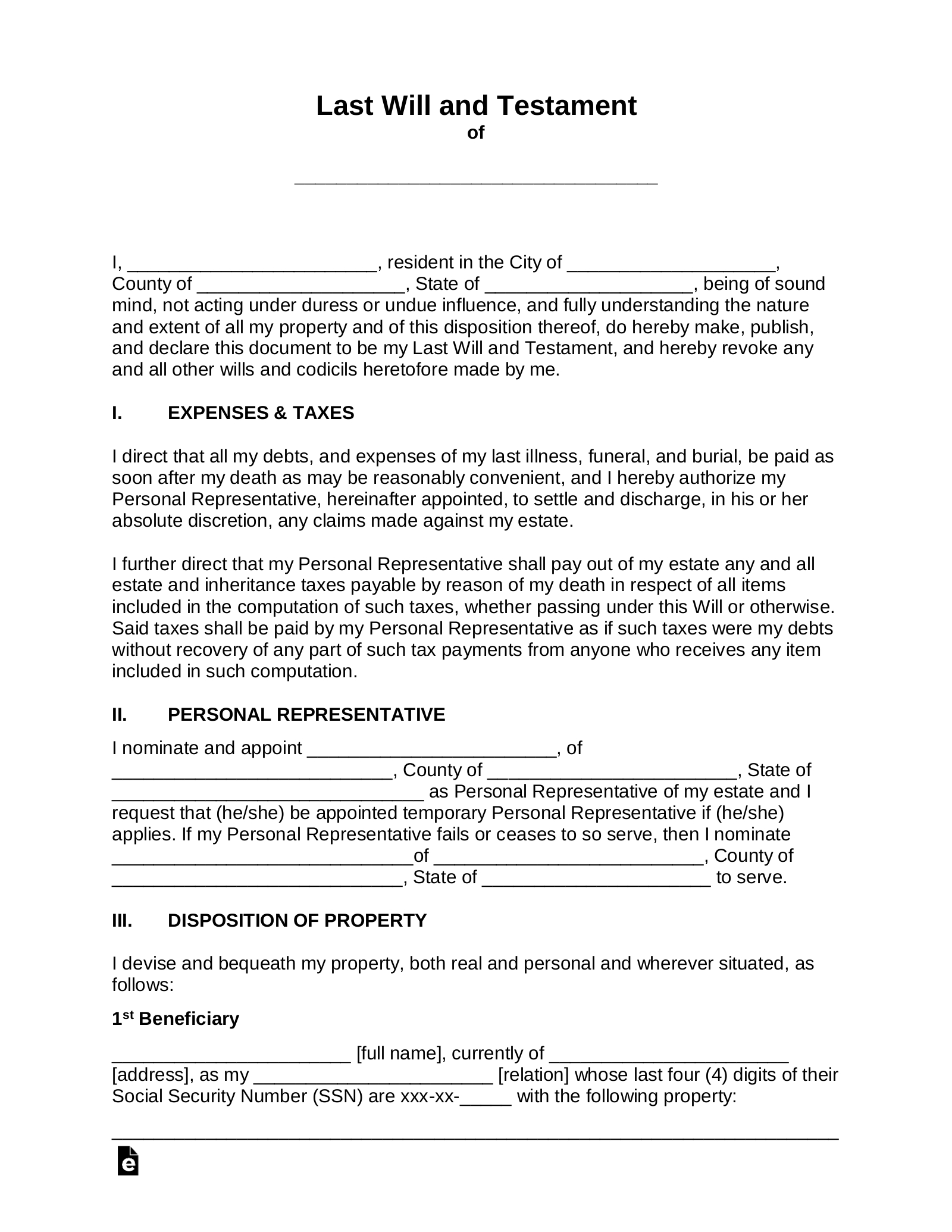 Free Last Will And Testament (Will) - Pdf | Word – Eforms for Printable Last Will And Testament Template