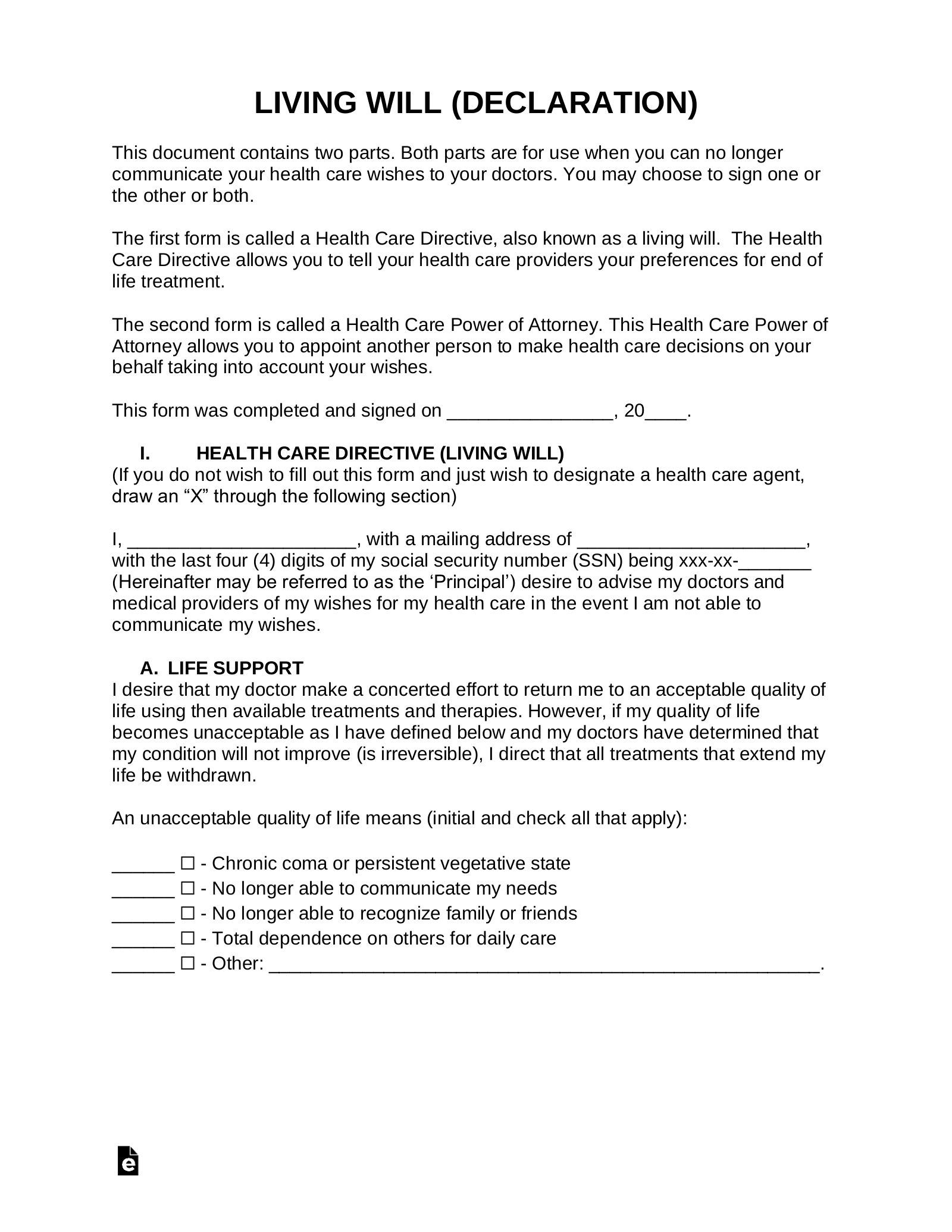 Free Living Will Form (Health Care Directive) - Pdf | Word – Eforms for Printable Living Will Template