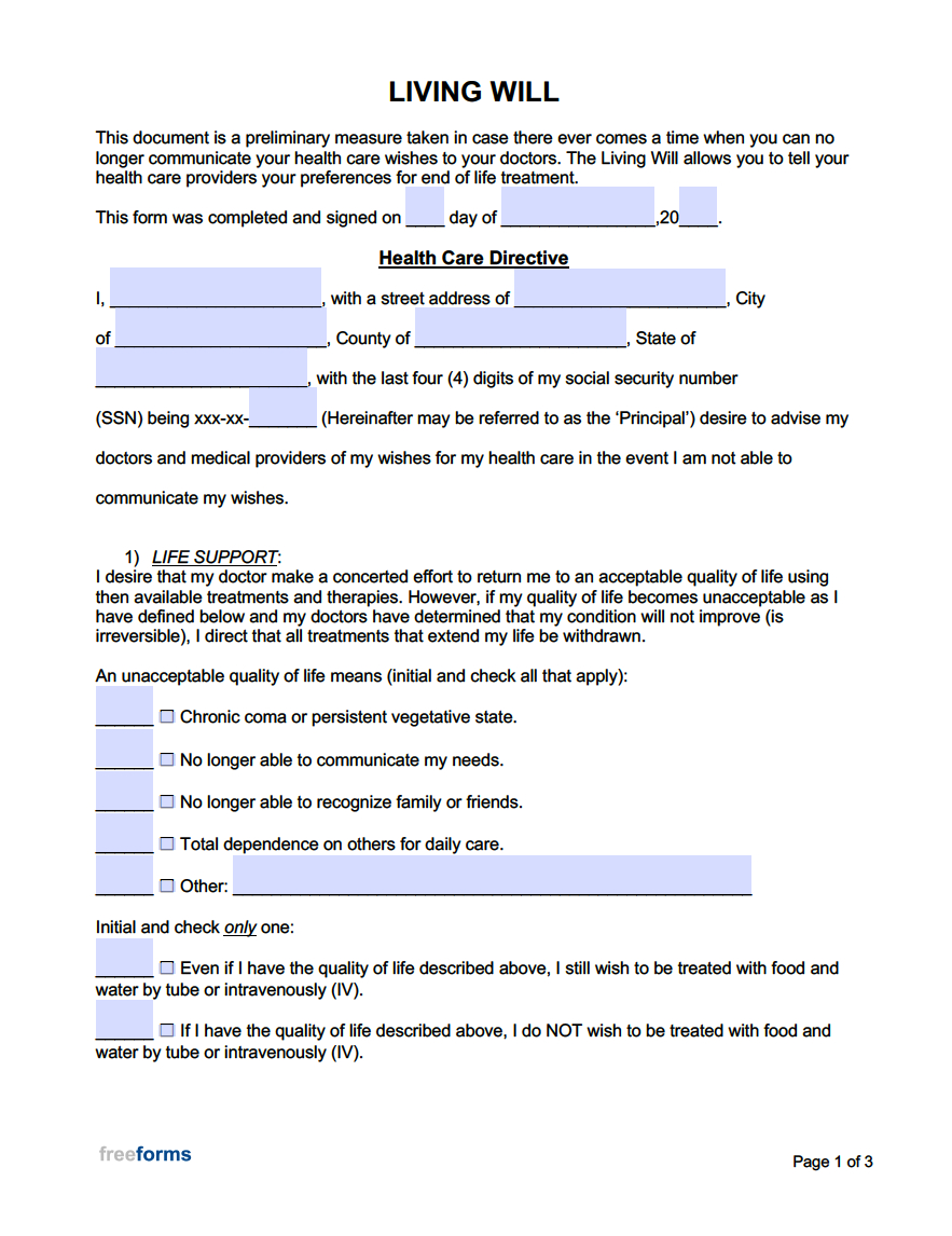 Free Living Will Forms | Pdf | Word in Free Printable Living Will Template