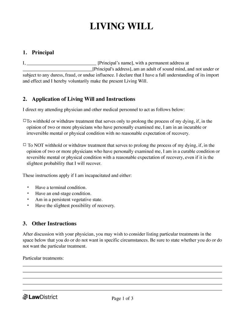 Free Living Will Template With Sample | Pdf &amp;amp; Word | Lawdistrict inside Free Printable Living Will Template