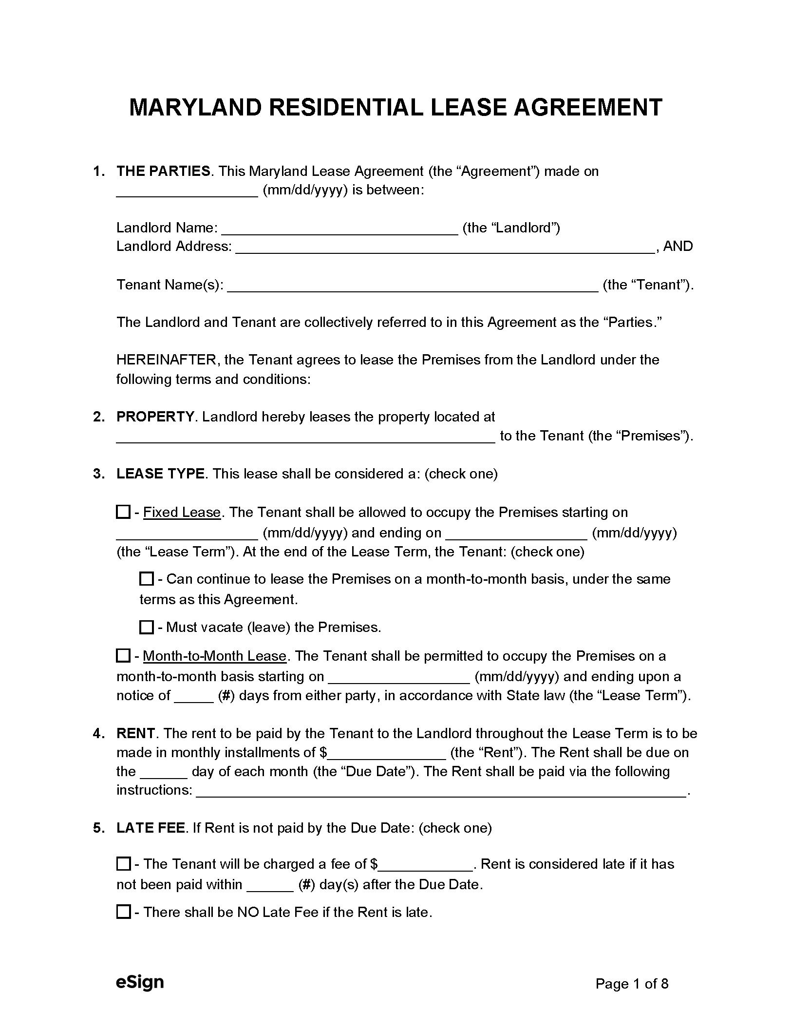 Free Maryland Rental Lease Agreement Templates (6) | Pdf | Word pertaining to Printable Lease Agreement Template