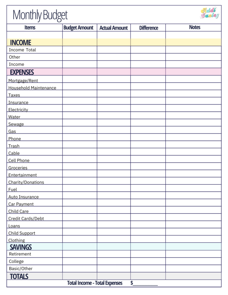 Printable Monthly Budget Template