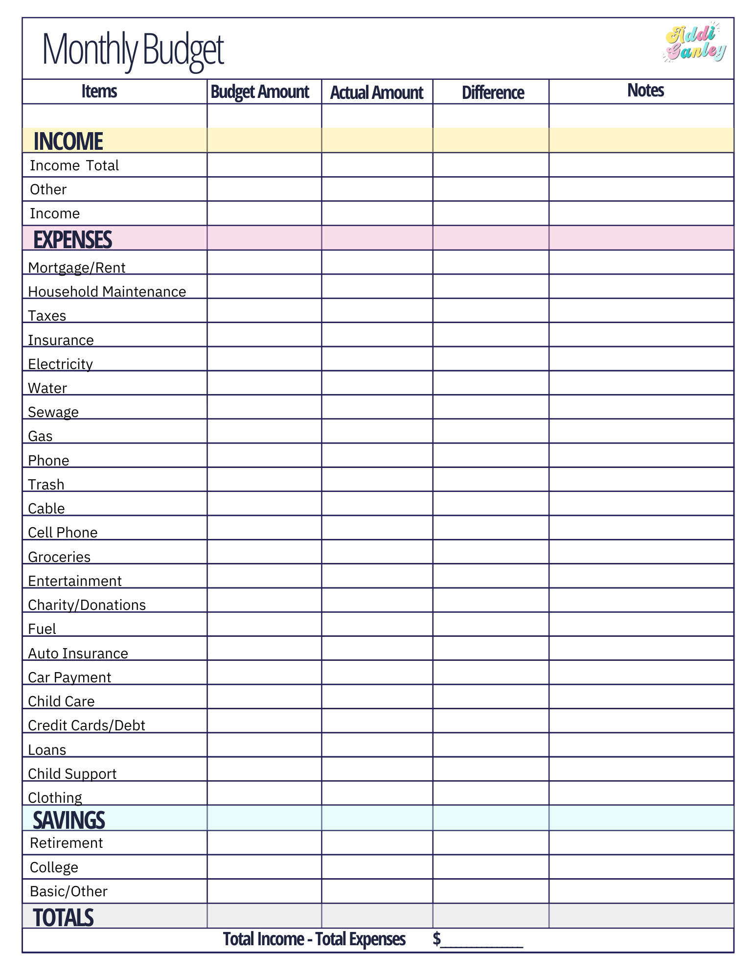 Free Monthly Budget Template - Instant Download intended for Free Personal Budget Template Printable