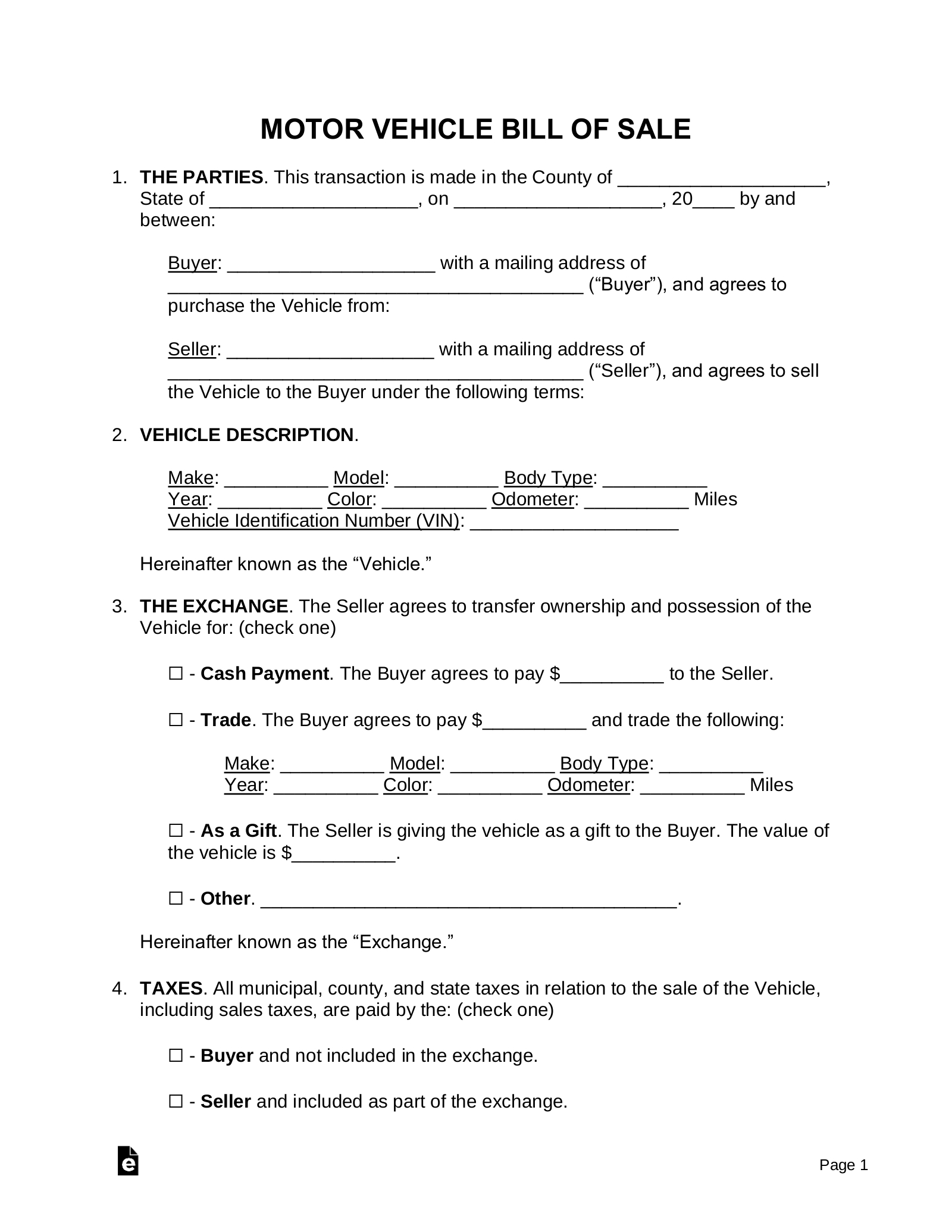 Free Motor Vehicle (Dmv) Bill Of Sale Form - Pdf | Word – Eforms pertaining to Printable Car Bill Of Sale Template