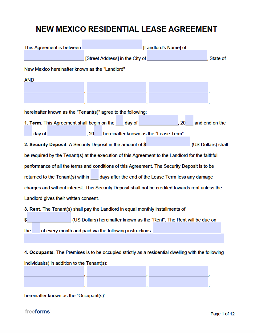 Free New Mexico Rental Lease Agreement Templates | Pdf | Word inside Free Printable Lease Agreement Template