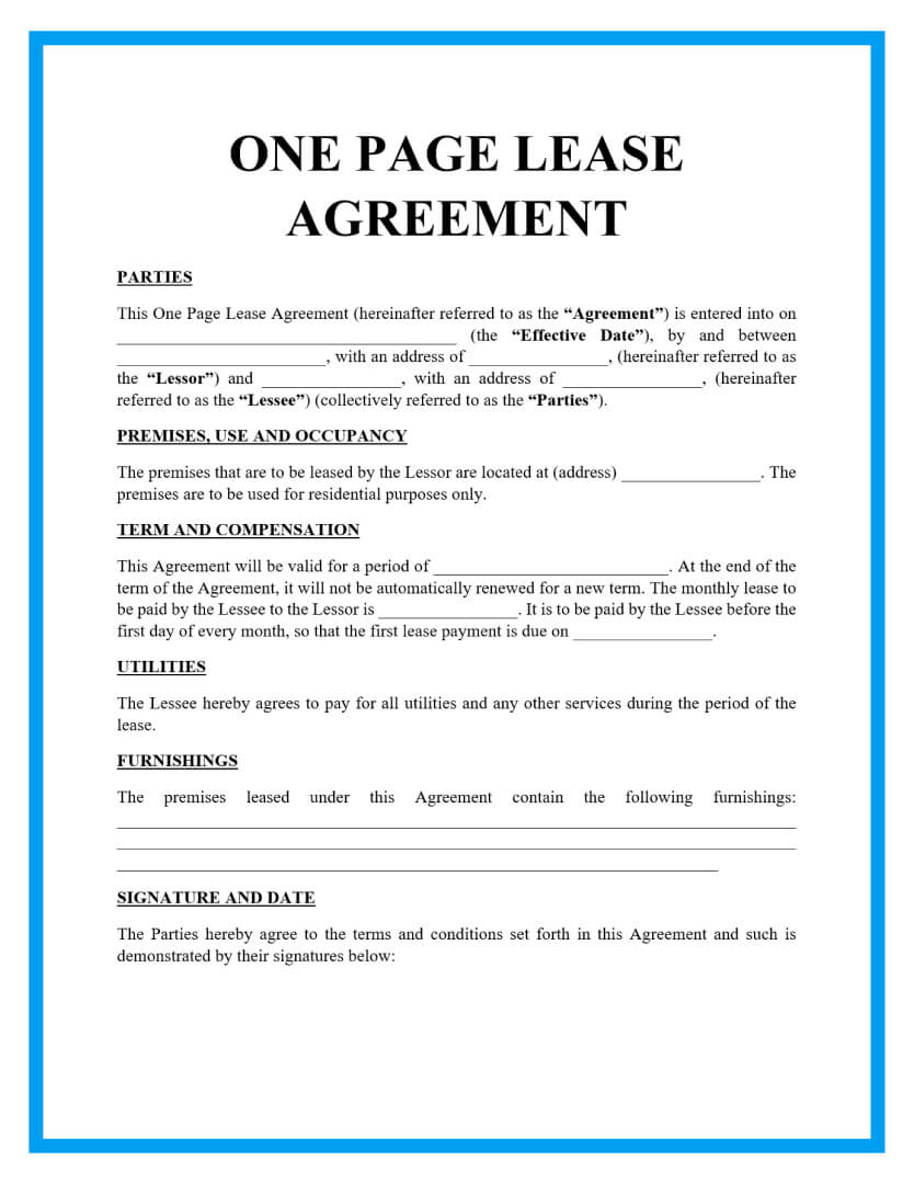 Free One Page Lease Agreement Templates for Printable Lease Agreement Template