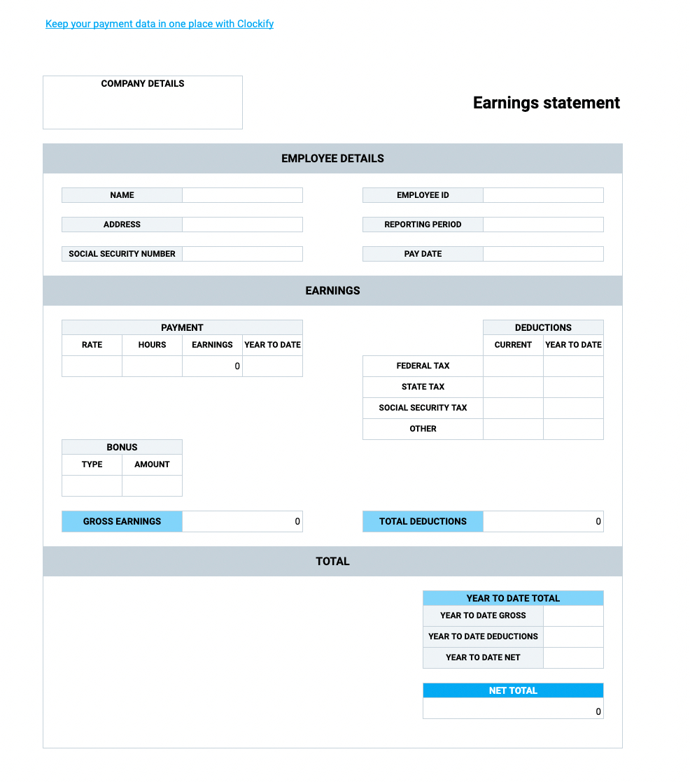 Free Pay Stub Templates — Clockify in Printable Payroll Check Template