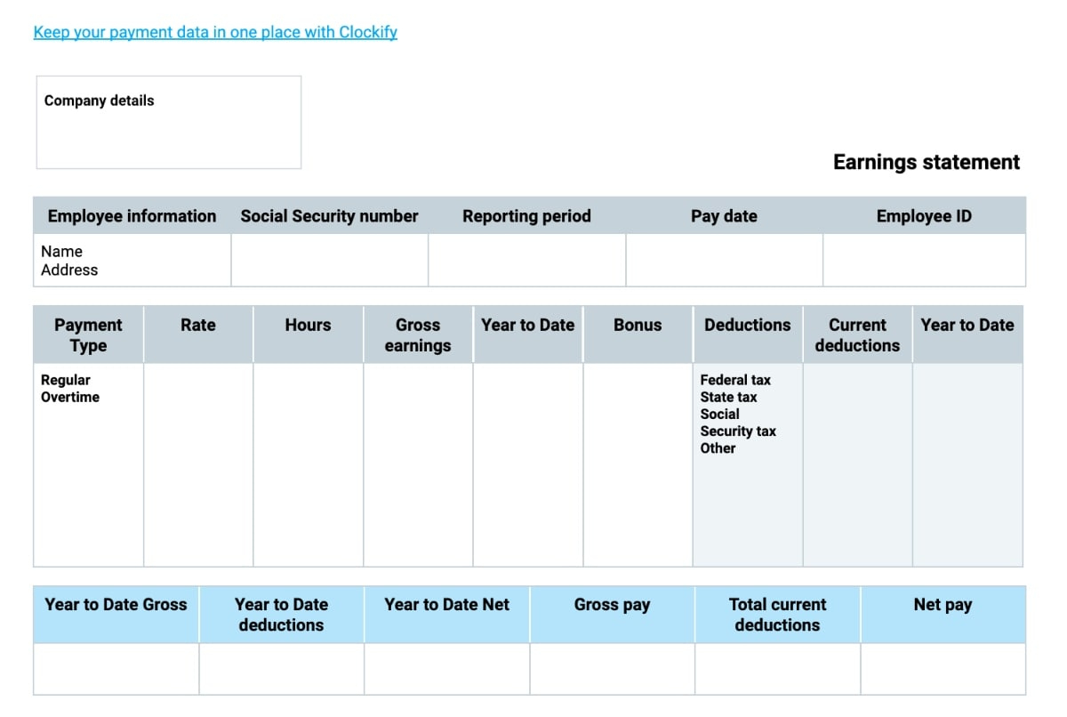 Free Pay Stub Templates — Clockify throughout Printable Payroll Check Template