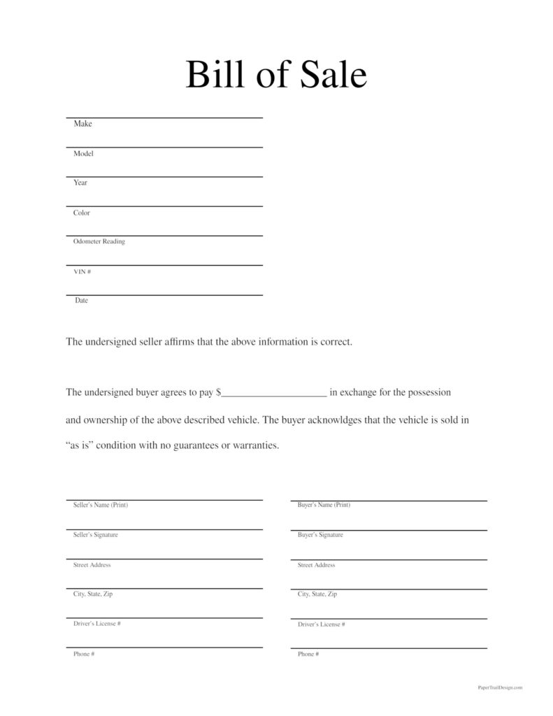 Printable Bill of Sale Template Printable Templates