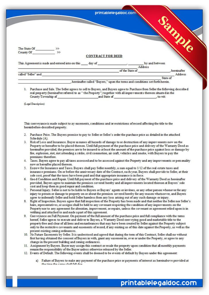 Free Printable Contract for Deed Template