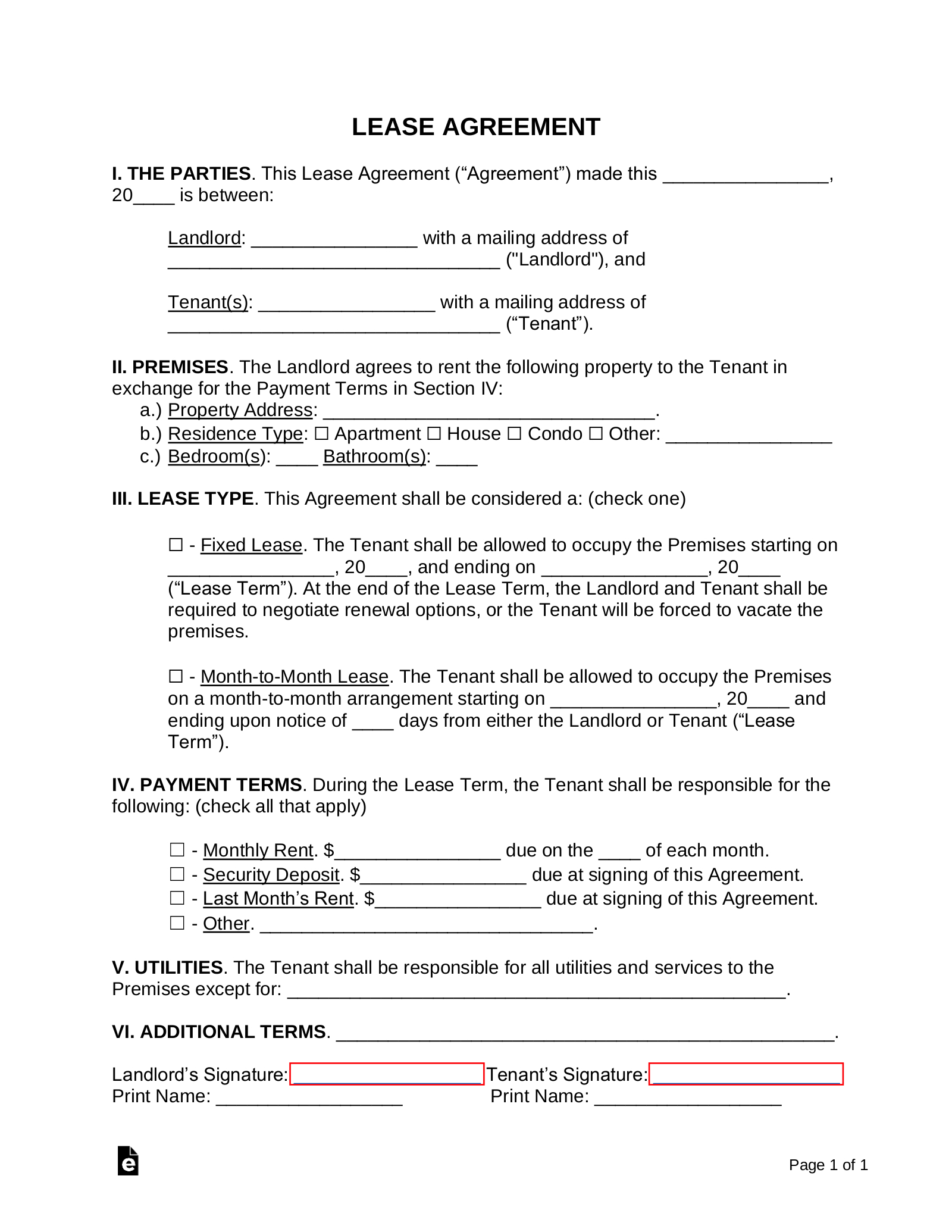 Free Simple 1-Page Lease Agreement Template | Sample - Pdf | Word with Printable Simple Lease Agreement Template