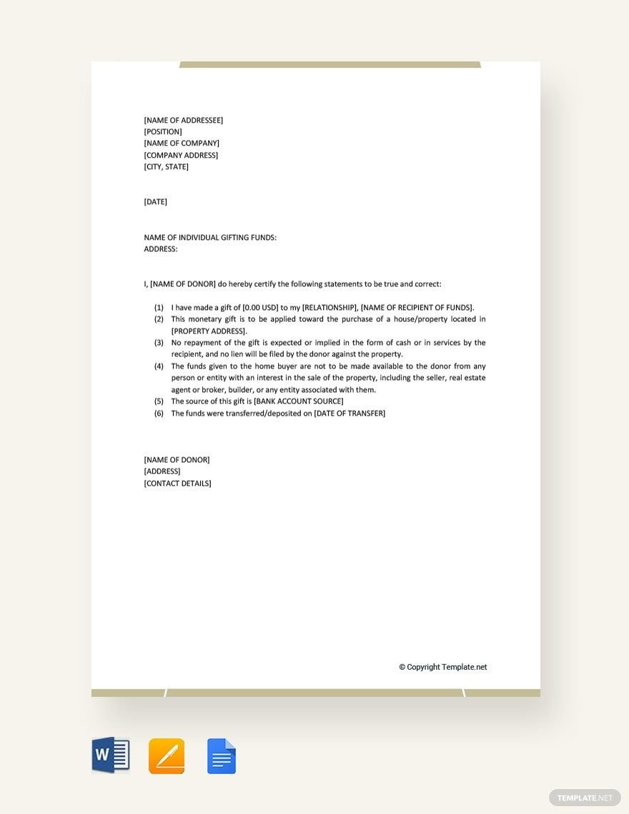 Gift Letter Templates In Apple Pages, Imac - Free Download pertaining to Printable Family Member Gift Letter Template