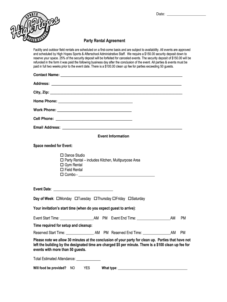 High Hopes Party Rental Agreement Form Edit - Fill Online inside Printable Party Rental Contract Template