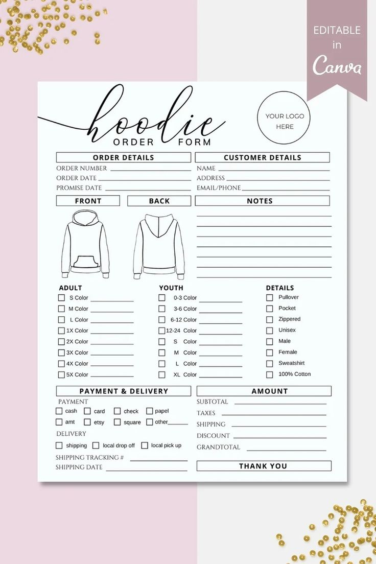 Hoodie Order Form Template Hoodie Small Business Editable Order with Custom Hoodie Sweatshirt Order Form Template Free Printable