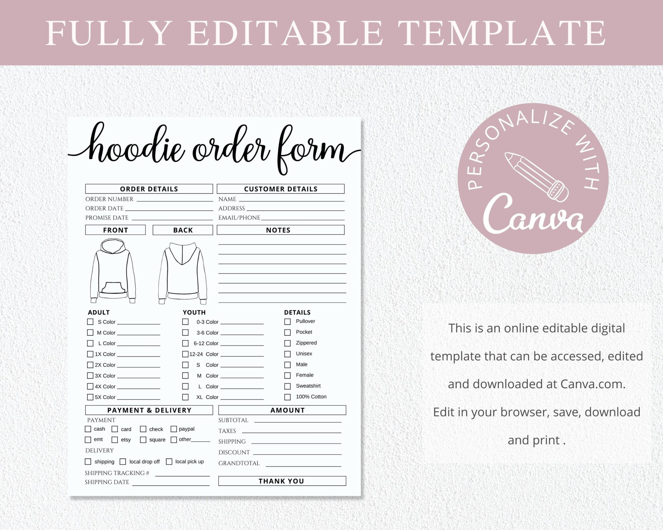 Hoodie Order Form Template I Editable Canva Invoice Template I T throughout Custom Hoodie Sweatshirt Order Form Template Free Printable