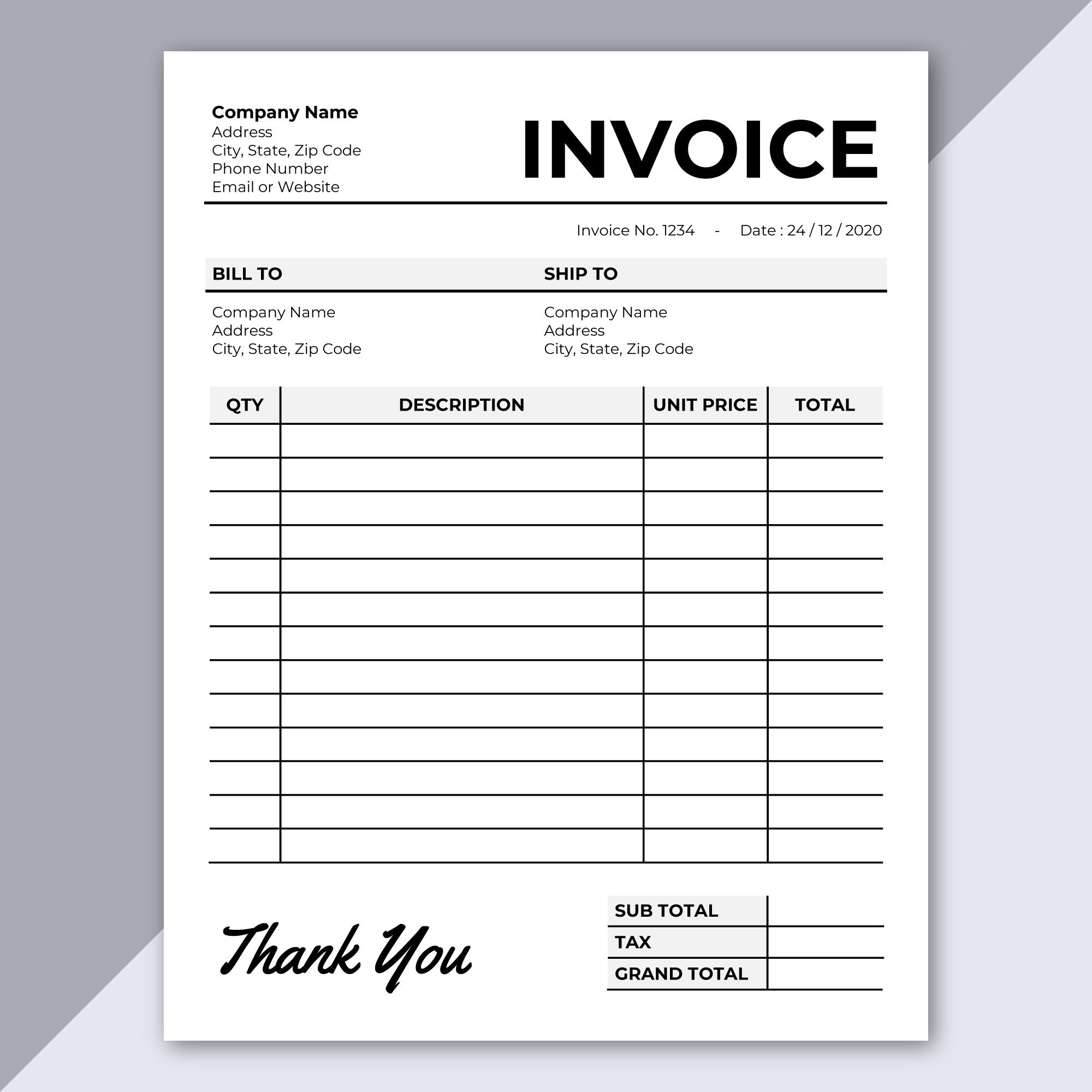 Invoice Template Printable Invoice Editable Invoice Receipt inside Printable Invoice Template Free