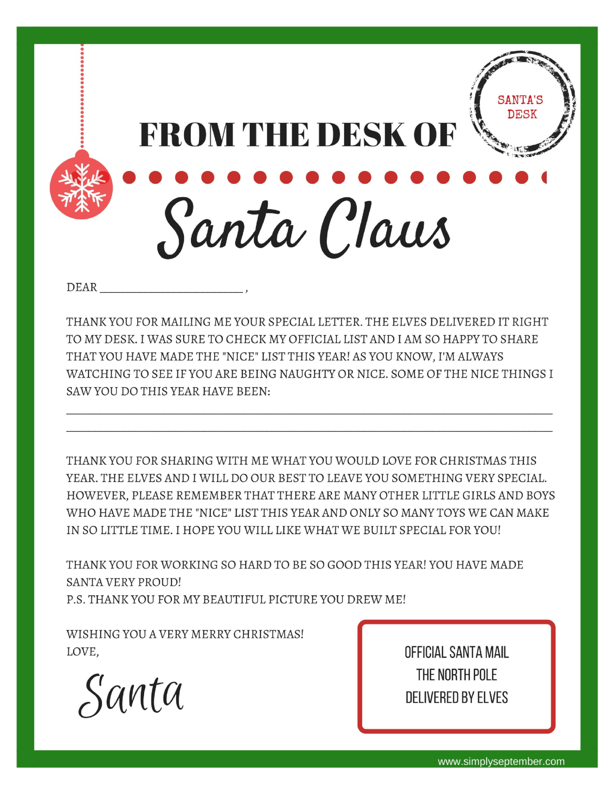 Letters To And From Santa: Free Printables - Simply September in Free Printable Personalised Letter from Santa Template