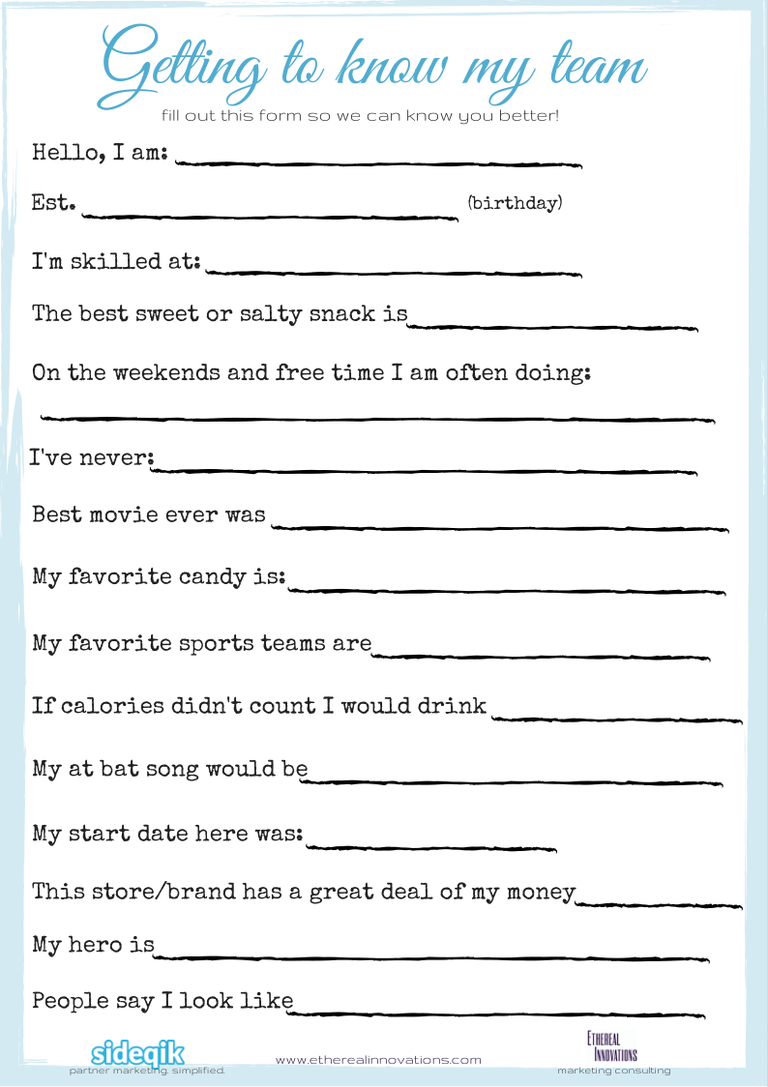 Life Style pertaining to Coworkers Printable Getting To Know Your Employees Questionnaire Template