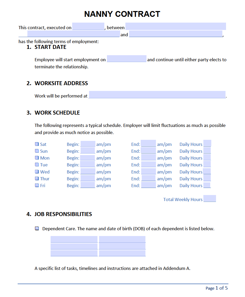 Nanny Contract Template | Pdf regarding Printable Nanny Contract Template